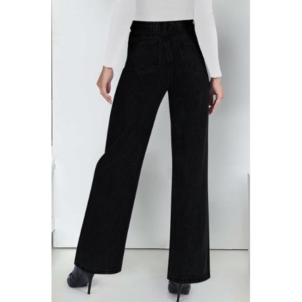 KDF Jeans Black Stretchy Denim Wide Leg Raw Hem Minimalist Cropped Fall US 6 - Picture 2 of 11